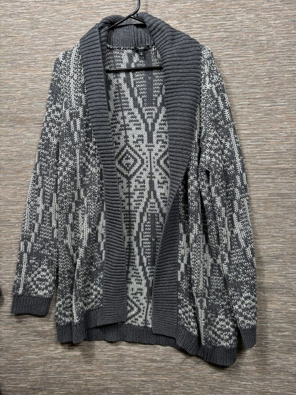 Talbots Knit Open Front Cardigan Sweater Womens Size M Gray Black Aztec Pattern